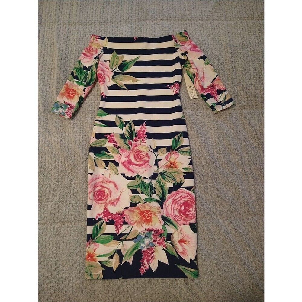 Eliza J Off The Shoulder Floral Striped dress feminine Boho Preppy Cottage Core